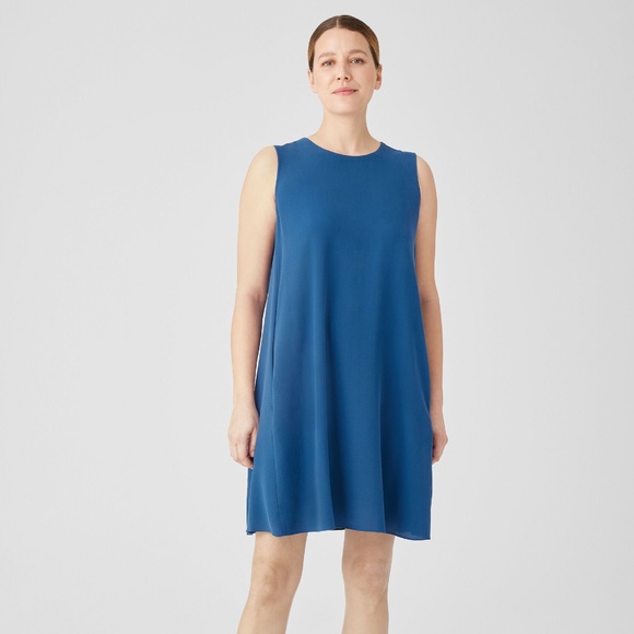 EILEEN FISHER Silk Georgette Crepe Round Neck Dress in Atlantis Blue Size XL - Picture 2 of 3